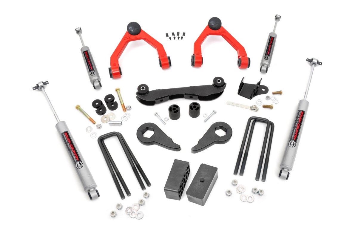 GMC K1500 Suburban Suspension Lift Kit - Rear - Rough Country - 2-3 Inch Lift, Forged Aluminum Upper Control Arms, N3 Shock Absorbers, Forged Torsion Bar Keys - Red - '92-'99